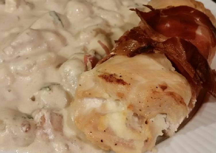 Recipe of Ultimate Brad&#39;s prosciutto wrapped chicken with cheddar bacon gnocchi