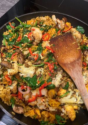 A picture of Indian spiced Halloumi and cauliflower rice.
