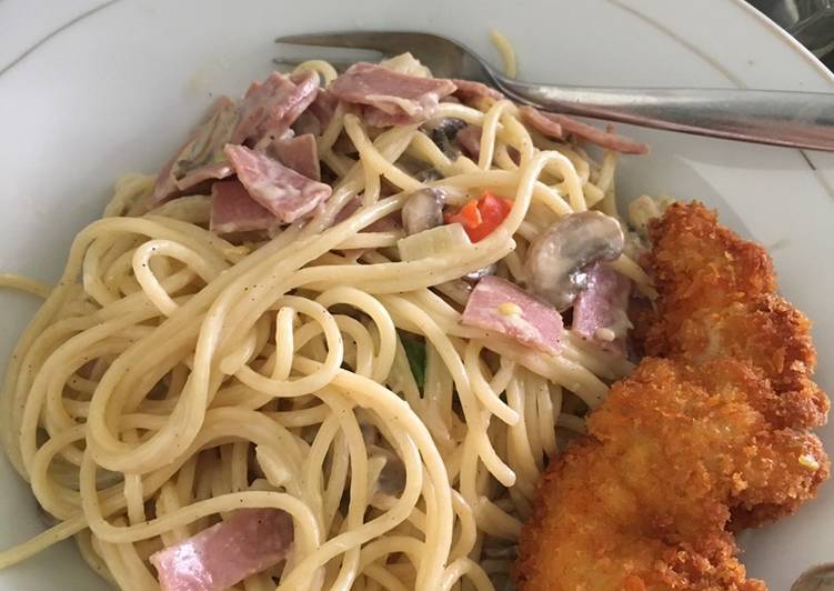 Resep Spagetti mushroom sauce &amp; crispy chicken, Bikin Ngiler