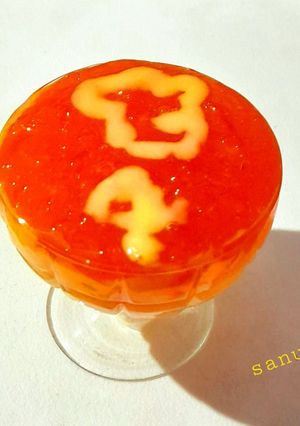 A picture of Orange Jelly with Vanilla Custard.