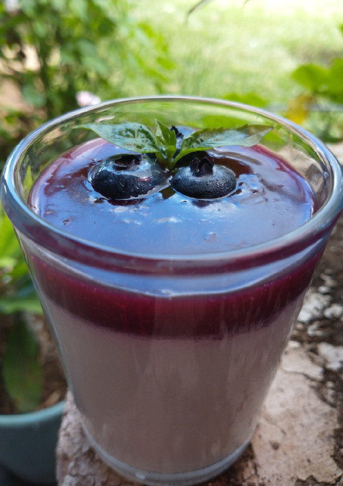 Una foto de Panna cotta de coco con coulis de blueberry