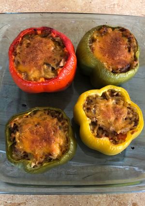 A picture of Stuffed Bell Peppers with Rice and Beef.