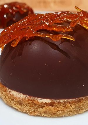 A picture of Chocolate shells with caramel mousse.