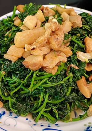 Hình của món Rau tầm bóp xào tóp mỡ.