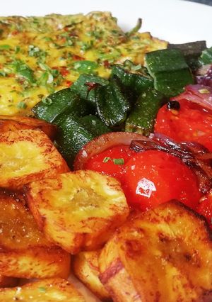 A picture of Pepper Frittata with Fried Plantains and Vegetables (Vegetarian).