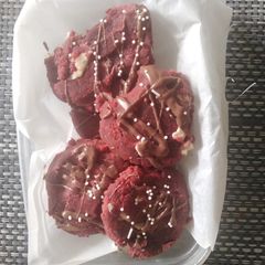 A picture of White chocolate red velvet cookies.