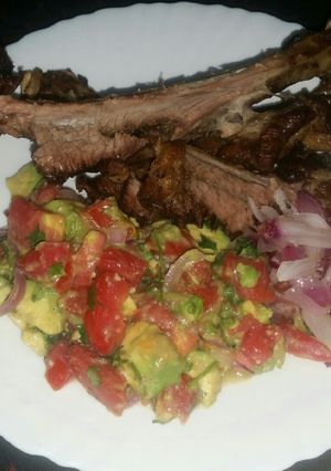 A picture of Oven Grilled Goat Meat and Guacamole #5ingredients or less.