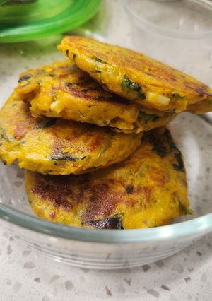 A picture of Pumpkin, Potato, and Spinach Pancakes.