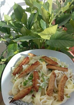A picture of Fettuccine with Mushrooms, Broccoli, and Chicken Strips.