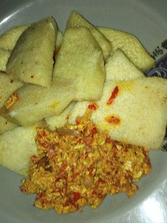 A picture of Fried yam and scrambled eggs.