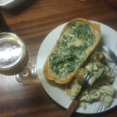 A picture of Stuffed butternut with meat balls and tagliatelle.