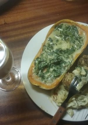 A picture of Stuffed butternut with meat balls and tagliatelle.