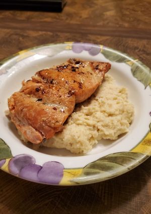 A picture of Brad's pan seared salmon with bacon cheddar polenta.