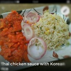 A picture of Thai Chicken sauce with korean rice.
