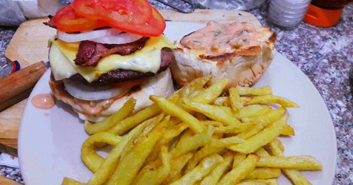 Cheese and bacon Burger and Fries Recipe by Nundu Cookpad