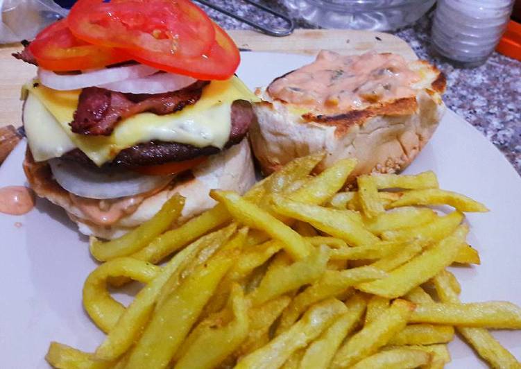 Cheese and bacon Burger and Fries
