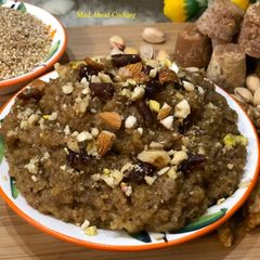 A picture of Lapsi (Broken Wheat Dates Jaggery Pudding) – No Sugar Dessert.