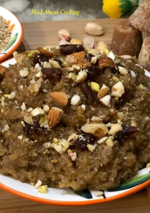 A picture of Lapsi (Broken Wheat Dates Jaggery Pudding) – No Sugar Dessert.