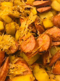A picture of German Sauerkraut Bratwurst Hash.