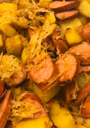 A picture of German Sauerkraut Bratwurst Hash.