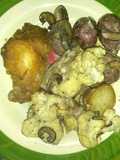Pollo frito y vegetales con crema
