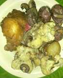 Pollo frito y vegetales con crema