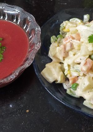 A picture of Beetroot soup with Mexican salad.