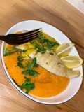 Merlu 🐟 & sauce curcuma-citron 🍋 avec une purée de carottes 🥕