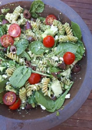 A picture of Pesto pasta salad.