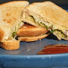 A picture of Onion tomato cheese sandwich - breakfast.
