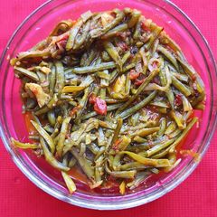 A picture of Cluster beans (Guvar phali) and onion subji.