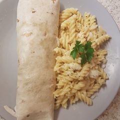 My tasty Chicken & Bacon Wrap with cheesy #Pasta A picture of My tasty Chicken & Bacon Wrap with cheesy #Pasta.