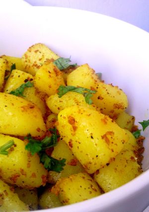 A picture of Cumin Turmeric Pan Fried Potato Cubes.