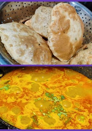 A picture of Kasuri methi poori with potato curry.