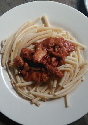 Foto resep Long macaroni with tomato chicken (makaroni ayam tomat)
