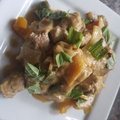 A picture of Pork & Peppers w/ Beer-Mustard Sauce.