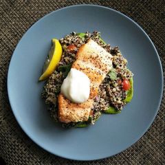 A picture of Pan-seared Salmon w Mediterranean Quinoa Salad.