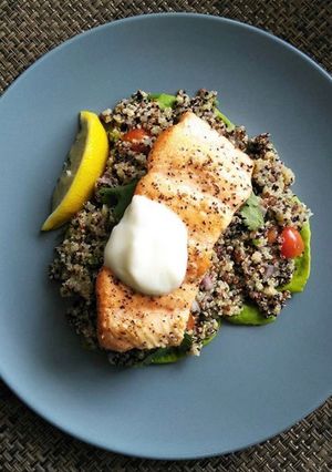 A picture of Pan-seared Salmon w Mediterranean Quinoa Salad.