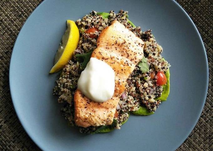 Pan-seared Salmon w Mediterranean Quinoa Salad