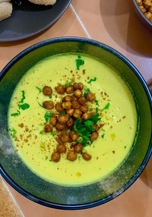 A picture of Golden Soup (Turmeric and Cauliflower Soup with Crispy Chickpeas).