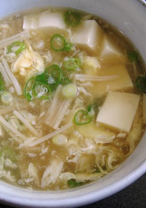 A picture of Enoki, Tofu & Egg Soup.