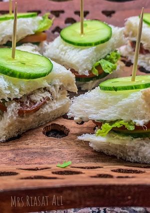 A picture of One bite Chicken & Cucumber Sandwiches.