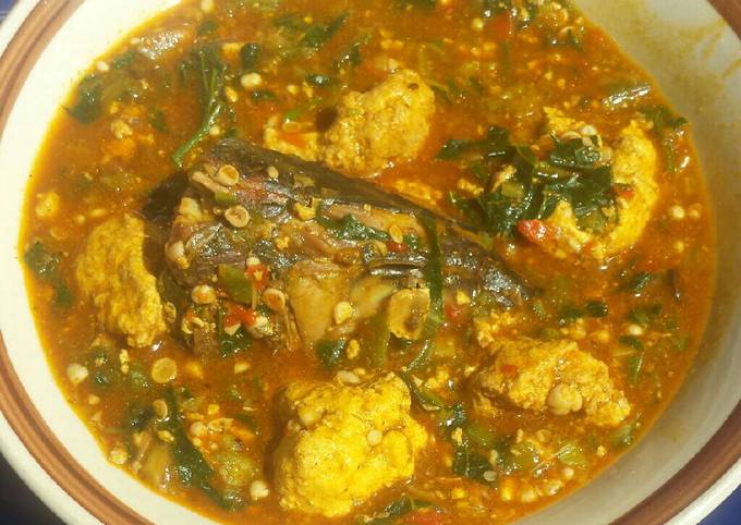 Lumps of egusi in okra and ogbono soup