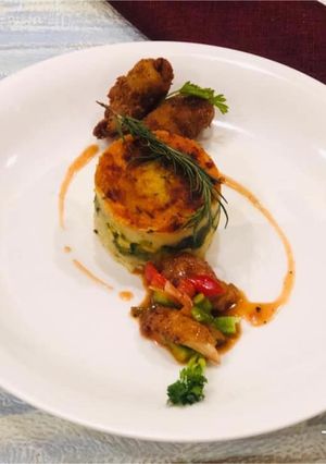 A picture of Whosayna’s Mashed potatoes with Peas, Corns and Spinach layer.