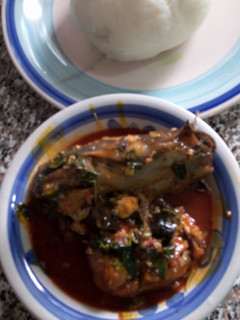 A picture of Pounded Yam and fresh fish soup.