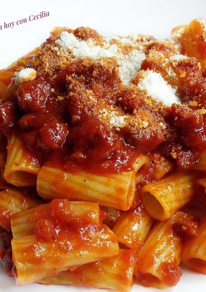 A picture of Macaroni with Tomato Sauce and Chorizo.