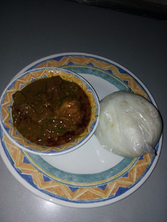 A picture of Baobab soup (miyar kuka) $ Jasmice rice swallow (Tuwon Shinkafa).