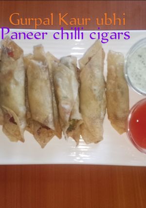 A picture of Cottage cheese chilli cigars (paneer chilli cigars)🧅🍅🌿.