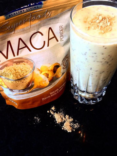 A picture of Maca, medjool and chia smoothie.