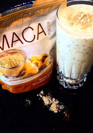 A picture of Maca, medjool and chia smoothie.